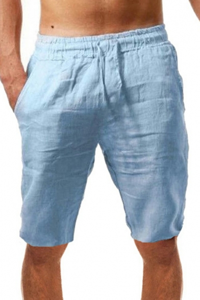 Fashionable Shorts Solid Color Mid Rise Elastic Drawcord Waist Straight Leg Shorts for Men