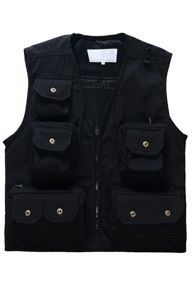Fashionable Vest Whole Colored Zip Closure Cargo Pocket Baggy Vest for Guys