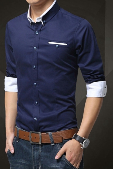 Guys Fashionable Shirt Contrast Trim Pocket Decorate Button-down Collar Long Sleeves Fitted Shirt
