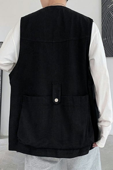 Guys Oversized Waistcoat Solid Color Snap Button Pocket Embellished Baggy Waistcoat