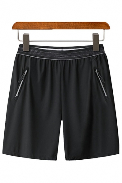 Men Athletic Shorts Whole Colored Zip Fly Pocket Elastic Waist Regular Fit Shorts