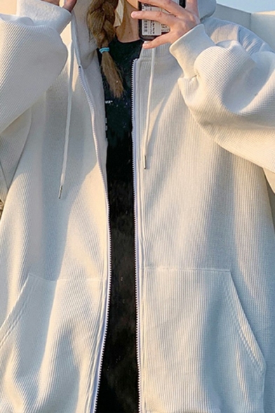 Men Boyish Hoodie Solid Drawstring Pocket Full Zipper Long-sleeved Oversized Hoodie