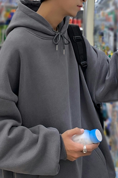 Men Comfortable Hoodie Solid Color Drawstring Kangaroo Pocket Long Sleeve Loose Fit Hoodie
