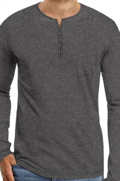 Men Fashion T-Shirt Solid Henley Collar Long Sleeves Fitted T-Shirt