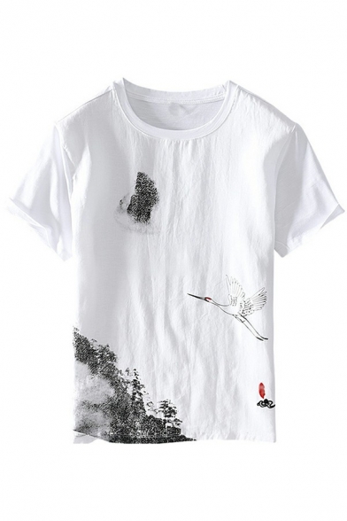 Men's Chic Tee Top Tradional Brush Painting Short Sleeves Crew Neck Relaxed Fit T-Shirt