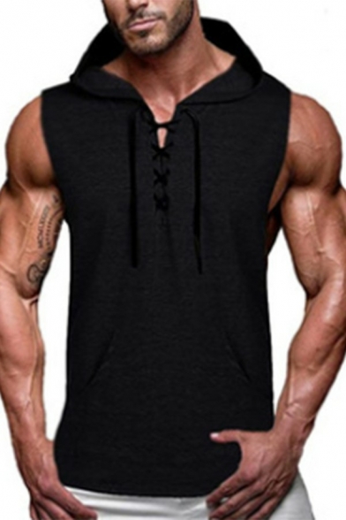 Men's Fashionable Vest Plain Hooded Lace up Kanga Pocket Regular Fit Tank Top