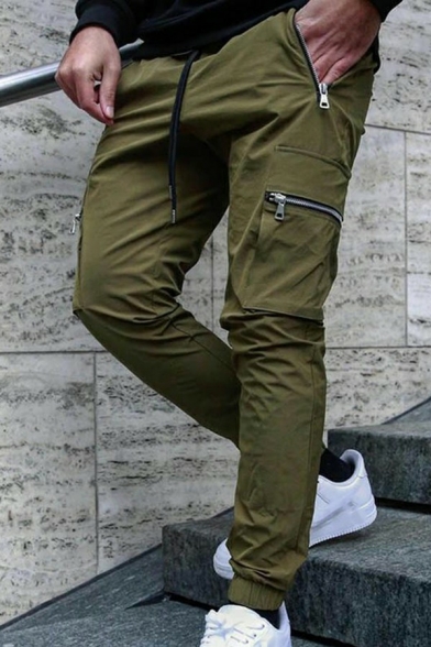 Men Smart Pants Solid Pocket Design Zip Detail Drawstring Waist Gathered Cuffs Fitted Pants