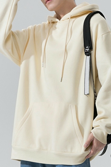 Men Trendy DrawstringHoodie Pure Color Long-Sleeved  Kangaroo Pocket Design Rib Cuffs Relaxed Fit Hoody