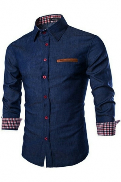 Mens Button-up Shirt Color Block Color Long Sleeve Lapel Collar Pocket Detail Regular Fit Shirt