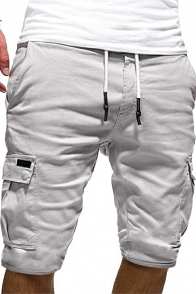 Mens Shorts Pure Color Mid-Rised Side Flap Pockets Design Straight Fit Shorts