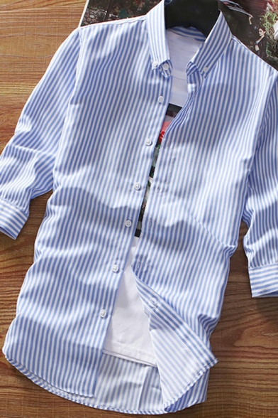 Modern Shirt Stripe Printed Button down Collar 3/4 Sleeve Button Closure Slim Fitted Shirt Top for Men