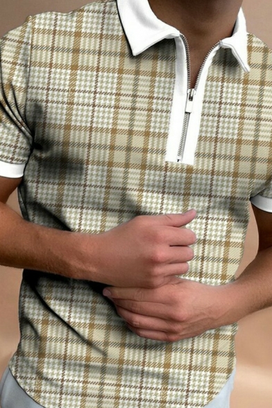 Novelty Guys Tee Top Plaid Print Turn-down Collar 1/4 Zip Short Sleeves Fitted Tee Top
