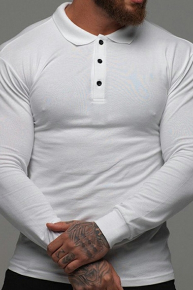 Simple Men Polo Shirt Pure Color Button Detailed Turn-down Collar Long Sleeve Slim Polo Shirt