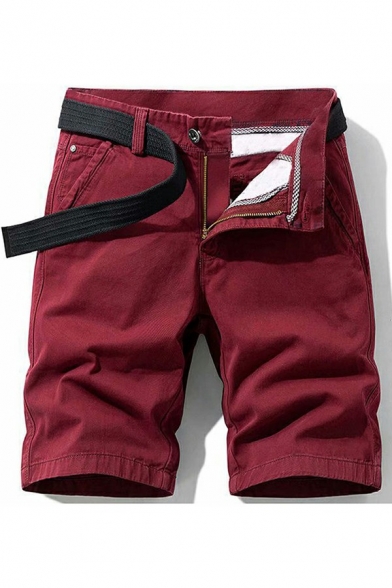 Simple Mens Shorts Pure Color Belted Mid-Rised Straight Fit Cargo Shorts
