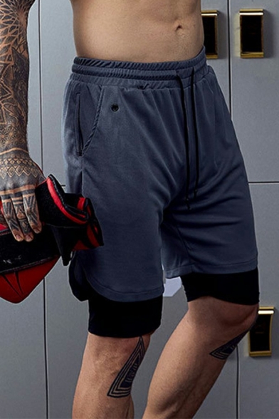 Sporty Mens Shorts Fake Two Piece Elasticated Waist with Drawstring Straight Fit Shorts