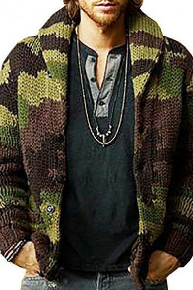 Stylish Cardigan Camouflage Print Knitted Single Breasted Long Sleeved Shawl Collar Relaxed Cardigan for Men