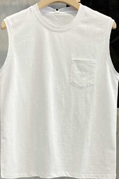 Urban Pure Color Tank Chest Pocket Crew Neck Slim Fitted Tank for Men