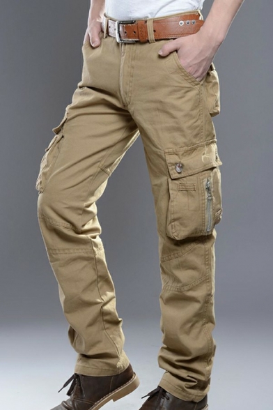 Vintage Cargo Pants Flap Pocket Designed Full Length Fit Zipper Placket Cargo Pants for Guys