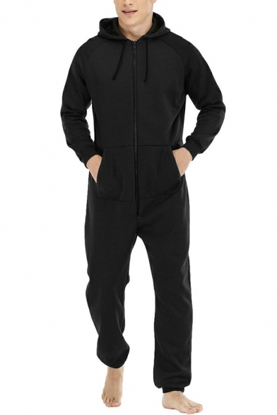 Casual Jumpsuit Drawstring Hooded Solid Color Regular Fit Jumpsuit for Men