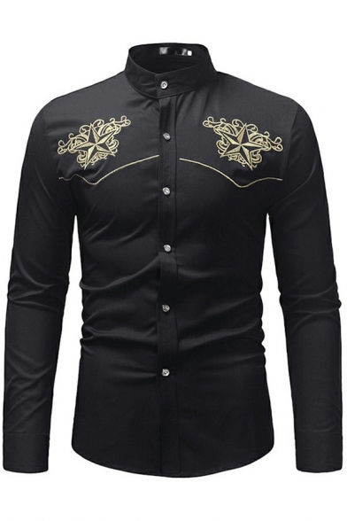 Casual Mens Shirt Star Embroidery Curve Hem Stand Collar Slim Fitted Long Sleeve Button Fly Shirt