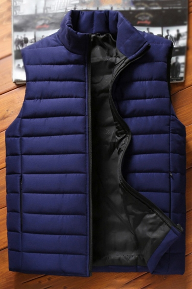 Classic Mens Vest Solid Padded Stand Collar Zipper Placket Pocket Designed Regular Fit Vest