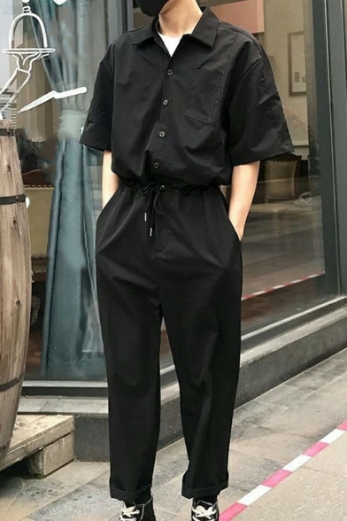 Cool Guy's Jumpsuit Solid Color Button down Half Sleeves Straight-Leg Jumpsuit