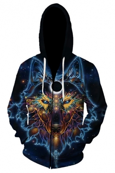 Cool Mens Hoodie 3D Wolf Pattern Long Sleeves Relaxed Fitted Drawstring Hooded Hoodie