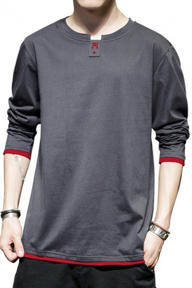Dashing Mens Sweatshirt Fake Two Pieces Solid Color Long-Sleeved Crew Collar Fit Pullover Sweatshirt