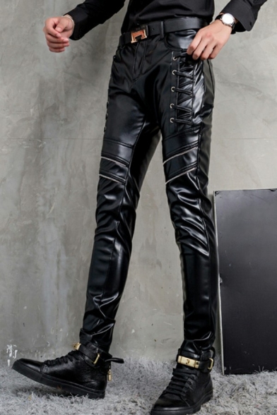 Fashion Men Pants Whole Colored Pocket Lace Up Decorated Long Length Zip Down Leather Pants