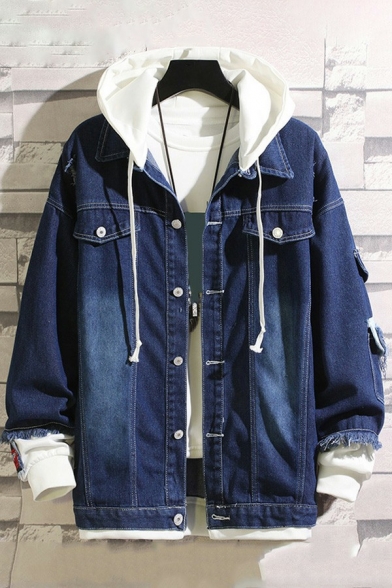 Fashionable Mens Denim Jacket Pure Color Long-Sleeved Bleach Fake Two Pieces Loose Fit Hooded Denim Jacket with Pockets