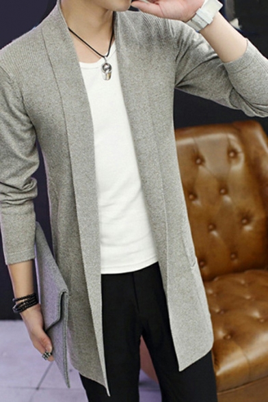 Fashionable Mens Knit Cardigan Pure Color Shawl Collar Long-Sleeved Open Front Slim Fitted Cardigan