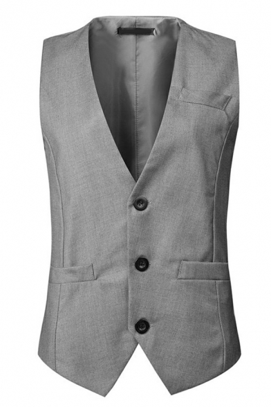 Fashionable Mens Suit Vest Pure Color V-Neck Sleeveless Button Closure Slim Fitted Suit Vest with Pockets