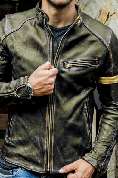 Guys Edgy Leather Jacket Contrast Trim Zipper Stand Collar Side Pocket Fitted Leather Jacket