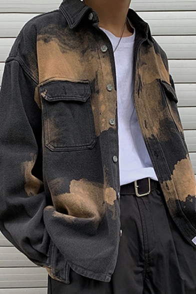Guys Leisure Jacket Tie Dye Pattern Flap Pocket Long-Sleeved Lapel Collar Loose Button Placket Denim Jacket