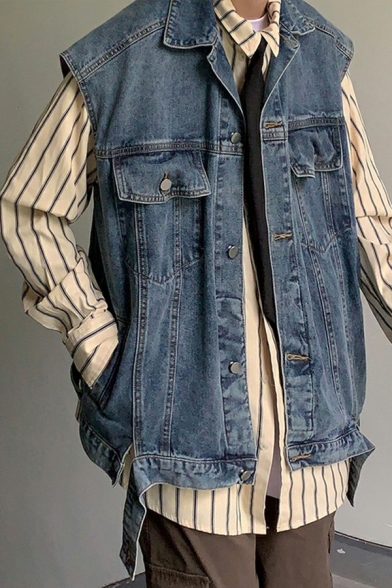Guys Stylish Vest Whole Colored Pocket Front Lapel Collar Loose Fitted Button Placket Denim Vest