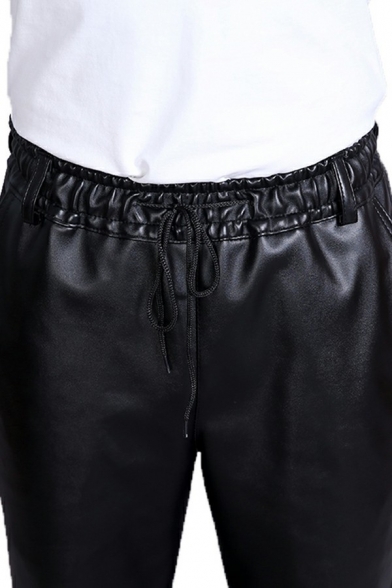 Hot Mens Pants Solid Color Drawstring Mid Rise Full Length Loose Fitted Leather Pants