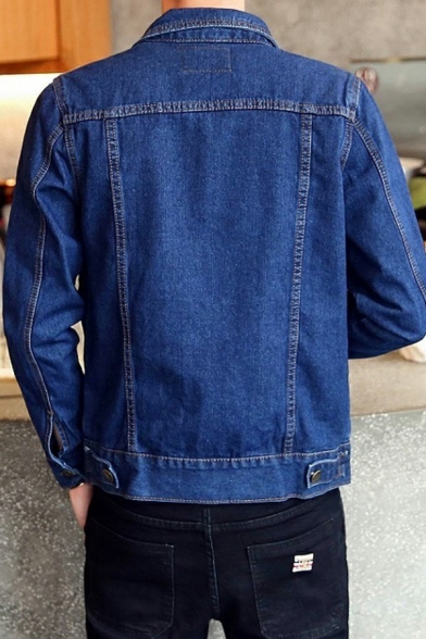 Leisure Mens Denim Jacket Solid Color Button Closure Spread Collar Long Sleeve Pockets Slim Fit Denim Jacket