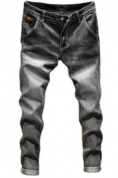 Men Creative Denim Pants Plain Zip Fly Pocket Detail Regular Fit Denim Pants