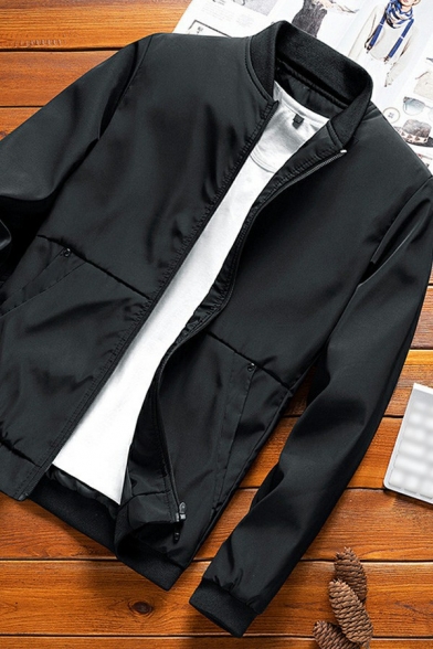 Men Elegant Bomber Jacket Contrast Line Pattern Long Sleeve Stand Collar Pocket Detail Slim Fit Bomber Jacket