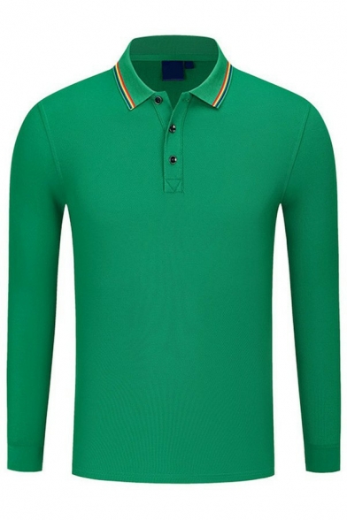 Men Metrosexual Polo Shirt Contrast Line Button Up Long Sleeves Regular Polo Shirt