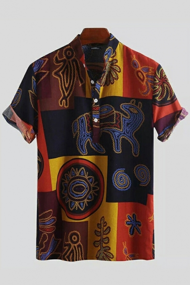 Men's Retro Shirt Tribal Printed Short Sleeve Point Collar Button Closure Regular Fitted Shirt