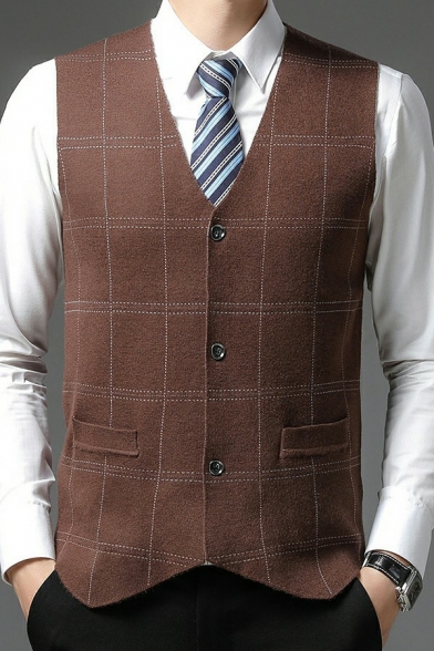 Men Unique Knit Vest Square Pattern V-Neck Single Breasted Front Pocket Fitted Knit Vest