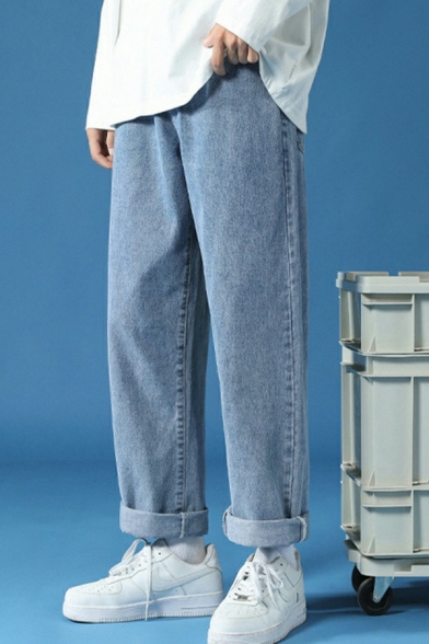 Men Vintage Denim Pants Solid Color Zip Fly Pocket Detailed Loose Denim Pants