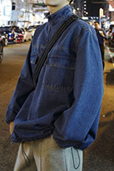 Modern Mens Denim Jacket Plain Color Long-Sleeved Stand Collar Breast Pockets Loose Fit Denim Jacket