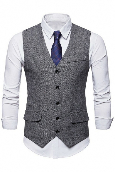 Popular Mens Vest Whole Colored V-Neck Sleeveless Slimming Button-up Suit Vest