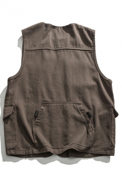 Retro Vest Solid Color Multi Pockets Detailed Relaxed Sleeveless Button Down Vest for Guys