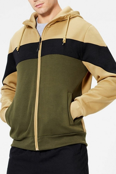 Smart Guys Hoodie Color Block Zip-up Drawcord Regular Fit Long-sleeved Hoodie