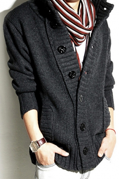 Stylish Mens Knit Cardigan Plain Color Stand Collar Long-Sleeved Button Closure Fitted Cardigan with Pockets