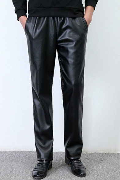 Stylish Mens Pants Plain Mid Rise Elastic Waist Zip Placket Slim Fitted Pants