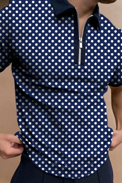 Stylish Mens Polo Shirt Zipper Detail Short-Sleeved Lapel Collar Curved Hem Slim Fitted Polo Shirt
